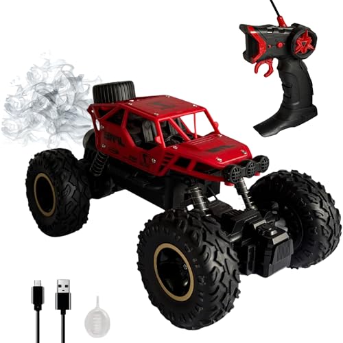 Image of Lilplay Monster Truck | Rechargeable Remote Control Car for Kids | Rock Crawler 5 Function 1:18 RC Car with Smoke | Offroad High Speed Rock Climbing Toys for Boys (Red)
