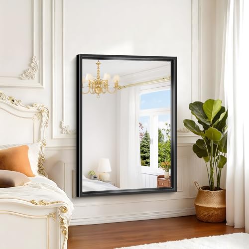 Image of Black Rectangle Mirror, 48 x 36 Inch Large Bathroom Mirrors for Over Sink, 0.6 inch Thickened Deep Frame Rectangular Wall Mirror, Brushed, Tempered Glass, Antirust, Horizontally /Vertically