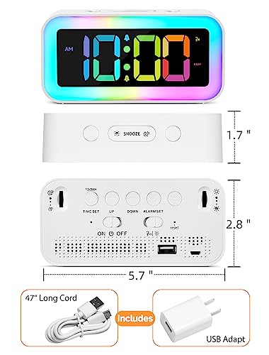 Cadmos Loud Alarm Clock For Bedrooms With Colorful Dynamic Rgb Night Light,Heavy Sleepers Adults,Dual Alarm,Dimmer,Usb Charger,Small Bedside Led Digital Clocks For Kids,Teens,Boys,Girls(White) #TOP4