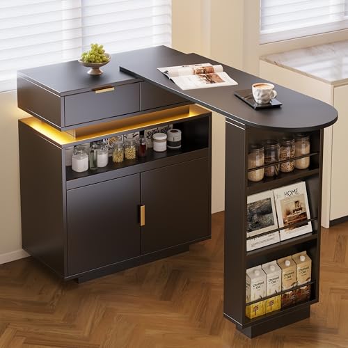 Kebnor Mesa de bar extensible (115-183 × 40 × 99 cm), isla de cocina extensible, mesa de bar con espacio de almacenamiento, iluminación LED, función giratoria 360°, bar de café móvil, adecuado para