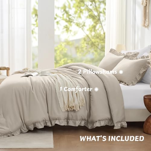 Image of FUANNA Full Size Comforter Sets Oatmeal, 3 Pieces Ruffle Full Size Bedding Sets, Fluffy Bed in a Bag Full for All Seasons, Shabby Chic Full Bed Set with 1 Lightweight Comforter & 2 Pillowshams