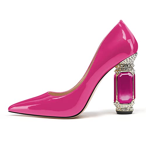 Image of JANSEVEN Women Chunky Heels Pumps Crystal Block Heels with Rhinestones Pointed Toe Sexy Gradient Patent Leather Slip on Bridal Party Wedding Dress Shoes 5-13 M US