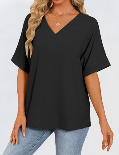 GKBK Womens Oversized T Shirts Loose Fit Short Sleeve Summer Casual Tops Black L — view 2