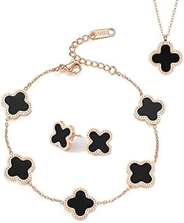 Four-Leaf Clover Jewelry Set, Rose Gold Plated Titanium Steel Necklace Stud Earrings Bracelet Dainty Enamel Jewelry Set for Teen Girls Women with Jewelry Box