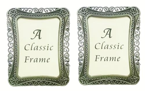 Pofectsty 2 Pack Mini Metal Vintage Picture Frame, 2x3 Inch Retro Small Photo Frame in Heart Oval Rectangle Round Shapes (Rectangle, Retro Silver, 2x3)