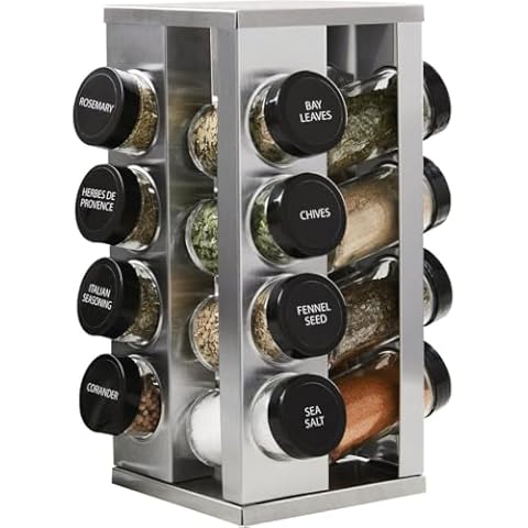 Kamenstein 16 Jar Heritage Revolving Countertop Spice Rack Organizer with Spices Included, FREE Spice Refills for 5 years, Brushed Stainless Steel with Black Caps Cover