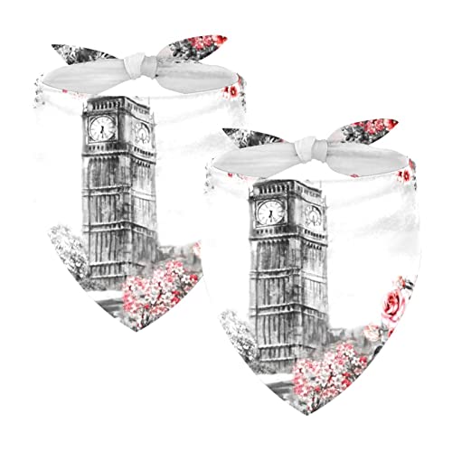 Image of Dog Bandanas 2 Pack, London Big Ben Rose Pet Scarf, Chiffon Bandanas Triangle Bibs Accessories for Small Medium Large Dogs Puppies Pets