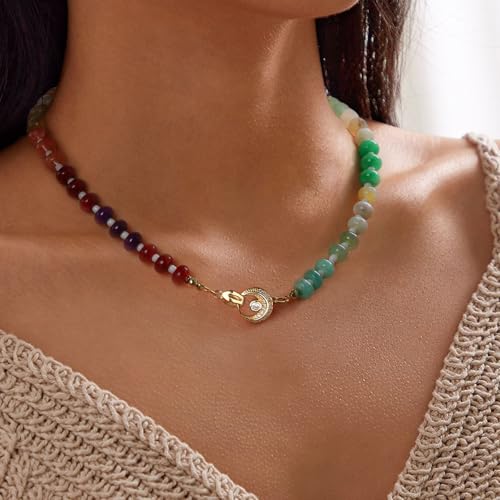 Colorful Boho Beaded Necklace for Women, Multilayer Gemstone Choker Jewelry, 18K Gold Plated Natural Stone Beach Surfer Necklace4