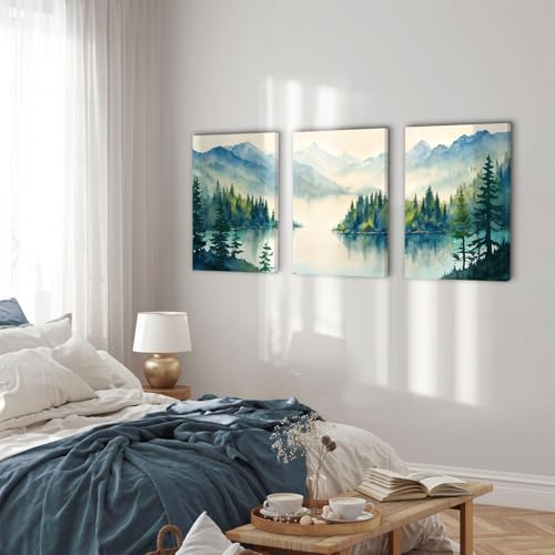 SERIMINO Nature Landscape Wall Art for Living Room, Green Forest Mountain Canvas Prints Paintings Room Decor, Lake Tree Cottagecore Modern Farmhouse Wall Decor Set of 3, 16"X24"