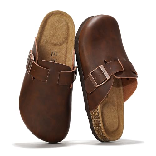 Project Cloud Genuine Leather Footbed Clogs for Women - Memory Foam Arch Support Slippers for Women - Trendy Slip-ons Women's Mules & Clogs Sandals (Benton, BRWNDIS, 8)
