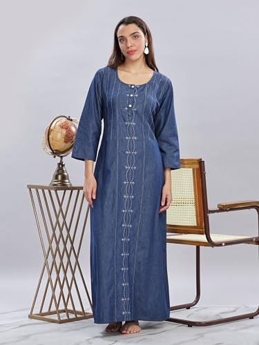 Image of 9shines Label Comfortable Cotton Denim Finish Nightdress for Women with Button Placket and Pocket(9SDLSS)