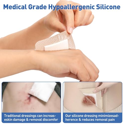 Image of AZEN 12 Pack Silicone Foam Dressing, 3.2 inch X 4 inch Waterproof Silicone Bandages with Border Adhesive, Large Bandages for Wounds, Self Adhesive Wound Care and Dressings