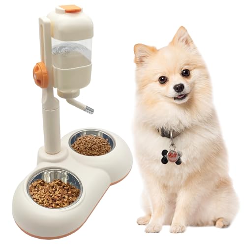 Fhiny Dog Water Feeder Bottle with Stand, Double Bowl Adjustable Automatic Dispenser Water Food for Kennel Leak-Proof No-Drip Pet Slow Water Bottle for Indoor Puppy Durable Drinker (White, 29 oz)