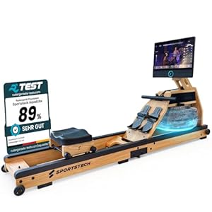 Sportstech Rudergerät Wasser für Zuhause, Deutsche Qualitätsmarke, Eichenholz FSC®-Zertifiziert, authentisches Rudererlebnis, klappbar, LED-Wassertank, 21,5" Display mit App, 360° drehbar, AquaElite