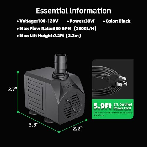 Image of Aquarium Submersible Fountain Pump: 550GPH 30W Ultra Quiet Adjustable Water Pump with 6ft Power Cord for Small Pond | Fish Tank | Waterfall | Garden | Hydroponic (2 Pcs) Black