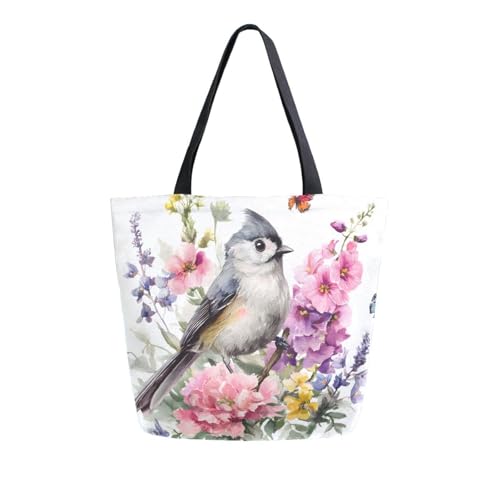 Extra Large Shoulder Tote Bag for Beach Travel Weekender Gym Watercolor Pink Flowers Butterfly Bird Reusable Grocery Canvas Shopping Bag