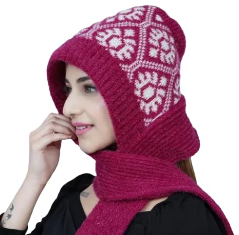 Women Winter Cap With Attached Muffler - Knitted Woolen With Lovely Scarf, Multiple Colours - Beautifully Designed to Protect Ear & Neck From Cold Winds - Stylish Girls