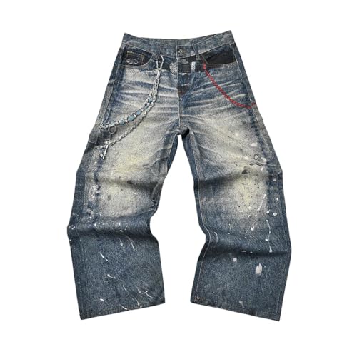 Men’s Yellow Mud Washed Jeans, Loose Straight Fit, Gradient Color, Summer Baggy Denim Pants