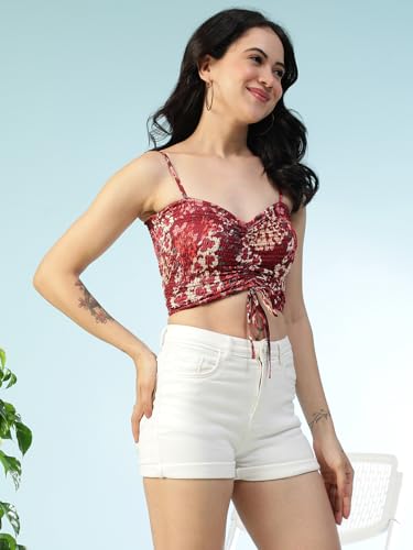 Image of oxolloxo Women Satin Chiffon Print V-Neck Smocked Shoulder Strap Sleeveless Tie-Up Detail Crop Top