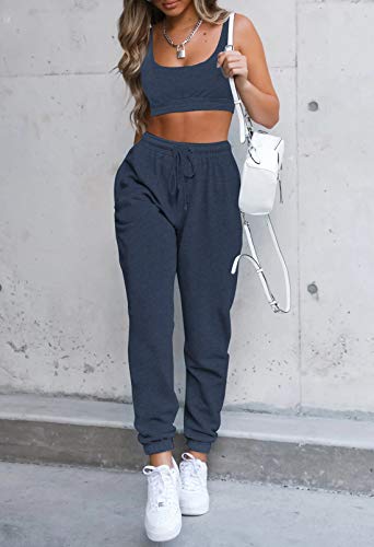 Selowin Women Yoga Workout Set 2Pcs Outfits Square Neck Sleeveless Top Drawstring Sweatpants Gym Sport Sets Navy Blue M #TOP2