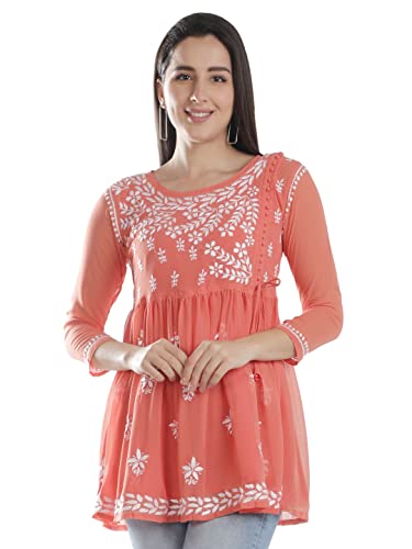 Image of Seva Chikan Hand Embroidered Lucknowi Chikankari Angarkha Georgette Top with Slip for Women SCL4041