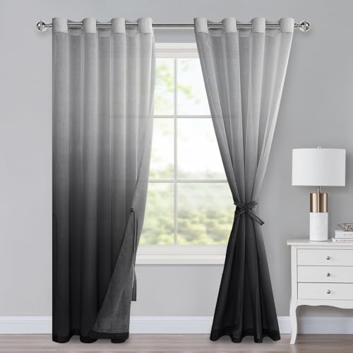 XWZO Ombre - Tende con occhielli, in voile sfumato, per camera da letto e soggiorno, 2 pezzi, con fermatenda, altezza 225 x larghezza 140 cm, colore nero, HDEU-EDMBJBS-N-D2P-5589-04