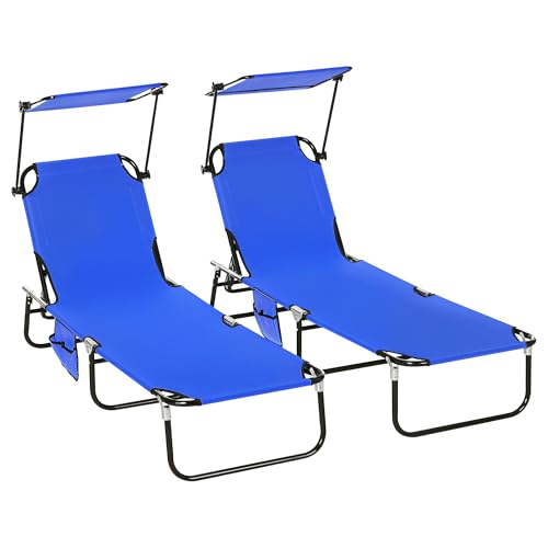 Image of Outsunny 2 Piece Folding Sun Loungers with Canopy, Adjustable Recliner Garden Chairs with Side Pocket, Steel Frame and Breathable Mesh for Outdoor, Pool, Beach, Garden, Blue