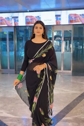 Image of Arkia Women's Hand Embroidered Hand Painted Floral Georgette Saree with Blouse, Red Georgette with Pink Tulip Design and Stone Work