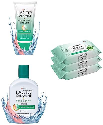 Image of Lacto Calamine Daily Face Cleansing Wipes @@Aloe Vera Gel with 99% Pure Natural Aloe Vera, Vitamin E and Glycerin@@Face Lotion for Oil Balance - Combination to Normal Skin - 120 ml