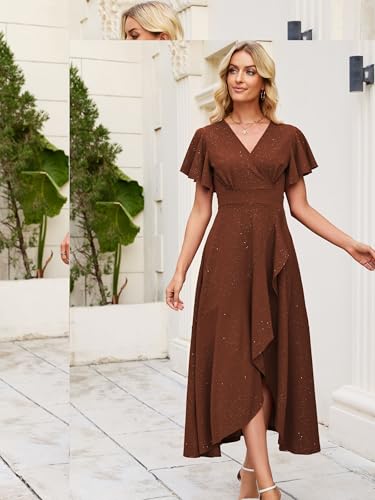 Image of Long Black Formal Dresses for Women Gowns Evening Party Cocktail Dress,Split Elegant V Neck Wrap Ruffle Wedding Guest Dresses