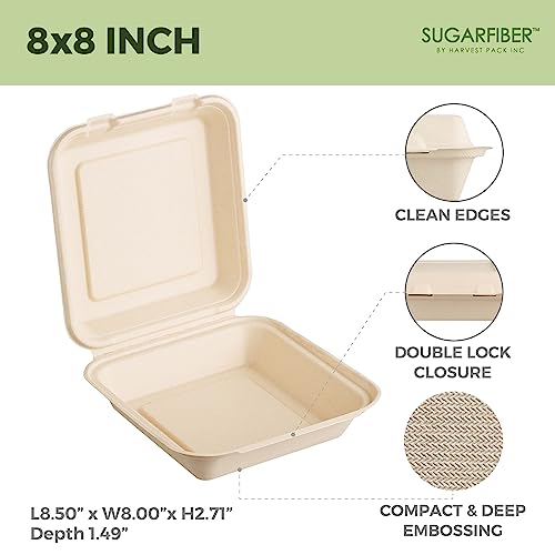 [200 COUNT] Sugarfiber by Harvest Pack 8 X 8" Compostable Clamshell Food Containers, Heavy-Duty Hinged Container, Disposable Bagasse Eco-Friendly Natural Takeout to go Box, Made from Sugarcane - Thumbnail 2
