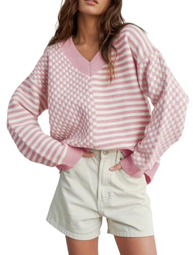 UNCLECAT Women's Striped Checkered Sweater 2025 V Neck Fall Sweaters Casual Knit Trendy Pullover Tops Light Pink