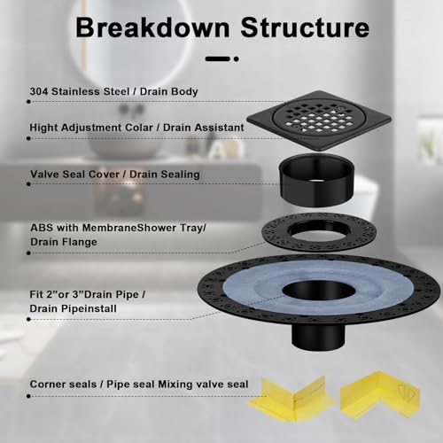 Shower Drain Flange Kit Compatible with Schluter Systems kerdi Shower Drain, with Vertical ABS 2 Inch Flange, ABS Plastic Pipe, Corners and Seals, CUPC Certification, Matte Black - Thumbnail 4