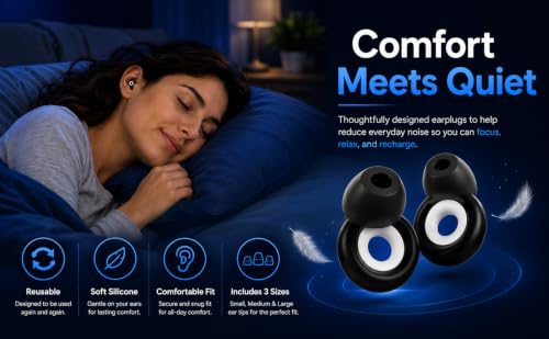Image of Noise Cancelling Ear Plugs | Soft Silicone Earplugs for Sleeping, Studying, Travel, and Flight | Reusable Noise Reduction Earbuds with 6 Comfort Tips (S /M /L) - Black