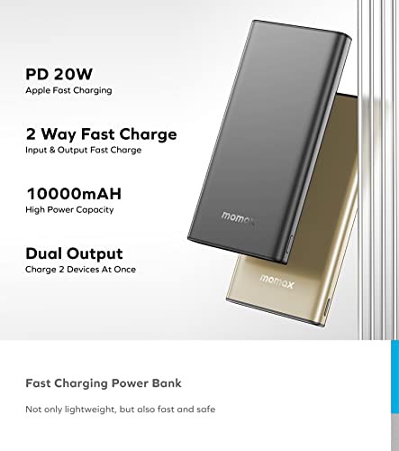 Momax Portable Charger, 10000Mah 20W Pd Aluminum Ultra Slim Power Bank 3A High-Speed Thin Phone Charger With 2 Input & 2 Output Compatible With Iphone, Samsung Galaxy, Macbook, Pixel & More (Grey) #TOP1