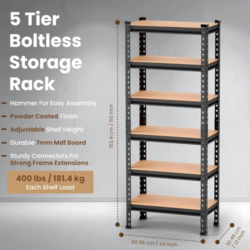Image of 6 Tier Heavy Duty Storage Rack - Boltless Metal Shelving Unit with Adjustable Shelves, Powder Coated Steel Frame, MDF Board Shelves for Garage, Warehouse, Kitchen & Office Storage (6 SHELFF)
