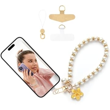 Pulseira de celular com contas de pérolas para iPhone 17 Pro Max/série 16, Samsung Galaxy e a maioria dos celulares - Pulseira de corrente mãos livres | Pulseira com cordão antiperda - amarela