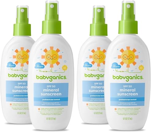 Babyganics SPF 50 Baby Sunscreen Spray | UVA UVB Protection | Octinoxate & Oxybenzone Free, Water Resistant, Unscented, 6 Fl Oz (Pack of 4)