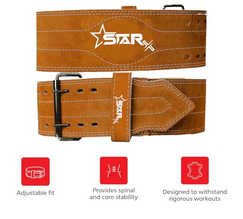 Image of Star X Jaguar Suede Leather Gym Belt for Men & Women | Adjustable Powerlifting & Weightlifting Belt for Deadlifts, Squats, Bench Press | Back Support & Injury Prevention for Heavy Workout (S, Brown)