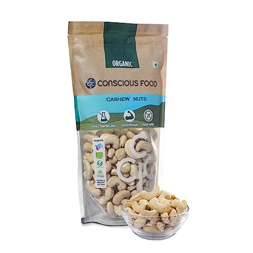 Image of Conscious Food 100% Organic Whole Cashew Nuts W240 | 250 g | Konkan Kaju | Crunchy & Rich |Value Pack | Source of Energy Vitamins & Minerals, Protein, Dietary Fibre.