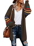 Dokotoo Long Cardigans for Women Balloon Long Sleeve Striped Color Block Chunky Cardigan Sweaters for Women Comfy Cable Knit Open Front Sweater Coats Chocolate Brown Fall Clothes S