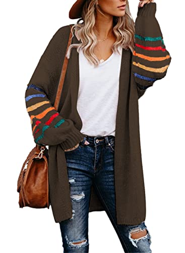 Dokotoo Long Cardigans For Women Balloon Long Sleeve Striped Color Block Cardigan Sweaters Comfy Cable Knit Open Front Sweater Coats S Brown #TOP13