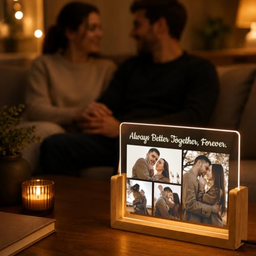 Image of Giftplease Personalized LED Acrylic Photo Frame with Custom Picture and Quote, Romantic Couple Night Lamp, Wooden Base USB Table Decor, Anniversary Photo Display, Wedding Decor, Bedroom Home Accent
