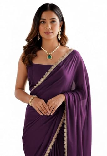 Image of SATAZ Ready To Wear Saree For Women Wine Georgette Scalloped Border Lace Readymade Stitched With Unstitched Blouse