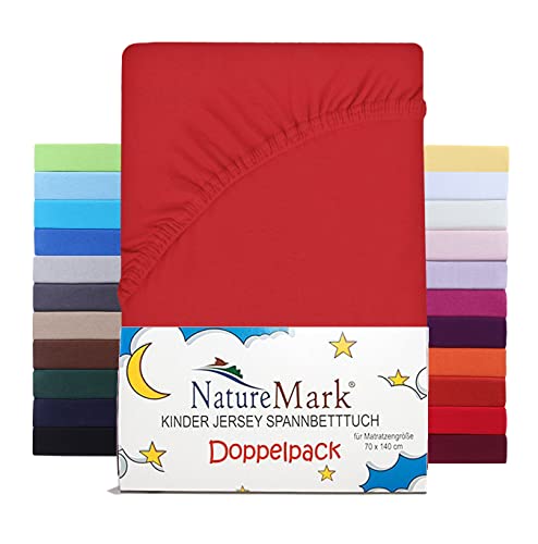 NatureMark Kinder Spannbettlaken 70x140 cm – Weiches Jersey, 100% Baumwolle, 2er Set für Babybett und Kinderbett, Rot