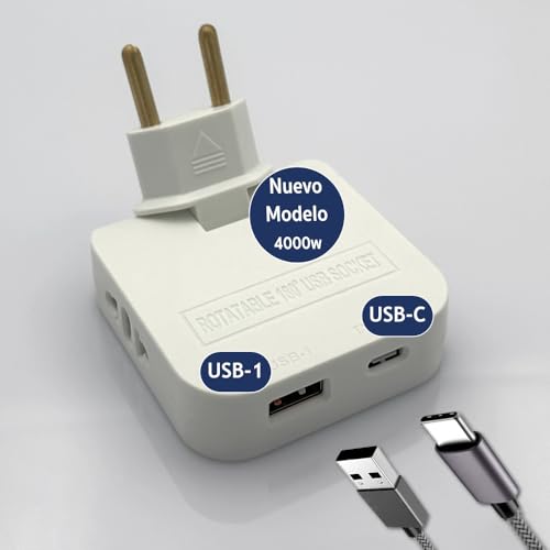 Ladron Enchufe Plano con USB C de 4000W y 4 Tomas - 2 Puertos de Carga Enchufe USB Tipo 1 y Tipo C + 2 Enchufes - Mayor Potencia y Diseño Fino - Ladron Extraplano con Cabezal Giratorio 180º | 3-Stars