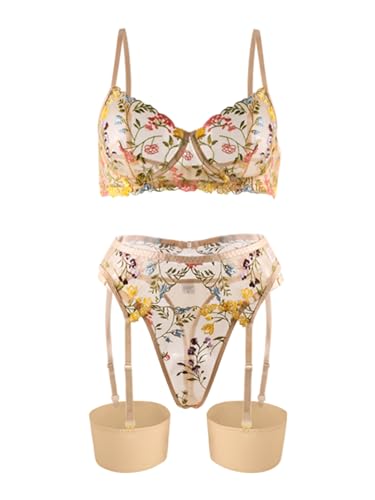 Image of Lilosy Sexy Leaf Floral Embroidered Mesh Sheer Women Underwire Push Up Lingerie Set