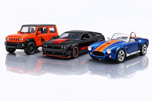 Image of 1:64 Diecast Car Set of 3 - Dodge Challenger Hellcat (Opening Doors), Jimny Off Road SUV & Shelby Cobra 427 S /C - Metal Toy Cars | Mini Collectible Cars for Kids & Collectors
