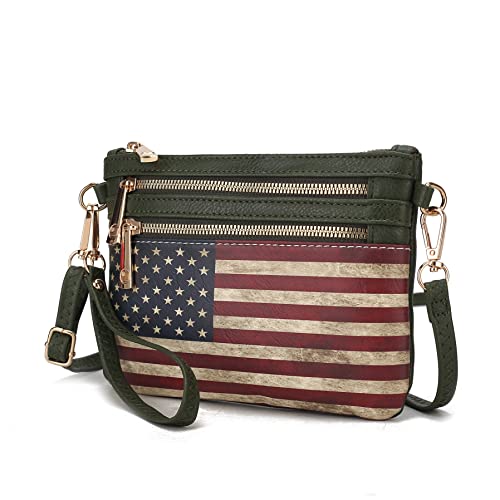 MKF Collection Bolsa tiracolo feminina com bandeira americana, bolsa de ombro estilo carteiro, couro vegano, Alisson Green