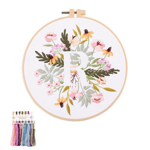 Image of artcici Embroidery Kits Plant Flower Leaf English Letter Patterns for Beginners Adults, Full Range Embroidery Starter Kits Cross Stitch Needlework Supplies (Letter R)